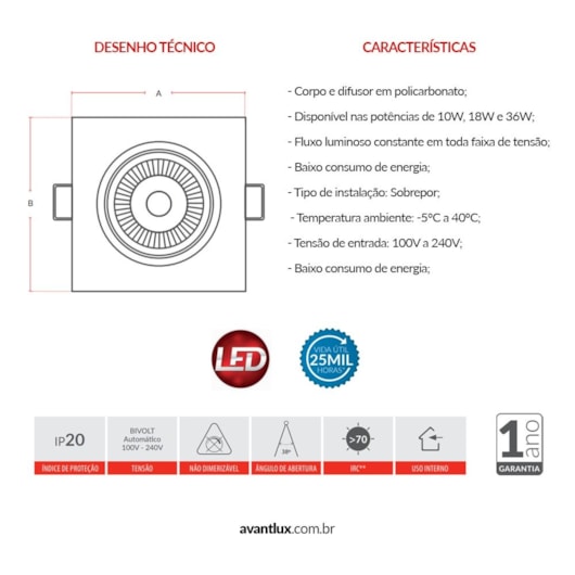 Kit 5 Spots Supimpa Quadrados 5w 6500k Emissão De Luz Branca Avant 400 Lúmens - Imagem principal - 704fbdaa-c2c0-4029-ab61-3e31de0c1106