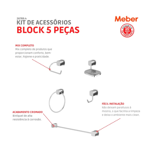 Kit Acessórios Para Banheiro 5 Peças C28 Block Cromado Meber - Imagem principal - edf82138-f804-4419-b0ac-dadc0e183a1d