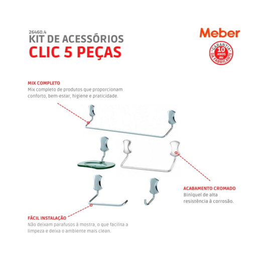 Kit Acessórios Para Banheiro 5 Peças Clic Cromado Meber - Imagem principal - 174aa2a5-e6c4-428b-a55e-72f763d1bb82