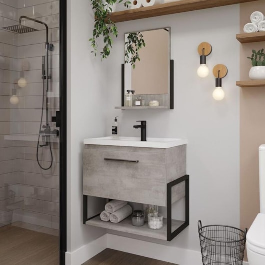 Kit Banheiro Metalo 60cm com Lavatório e Espelho MDF Metalon Cimento - Imagem principal - 650145ea-a53c-4888-bc2b-4c4210690687