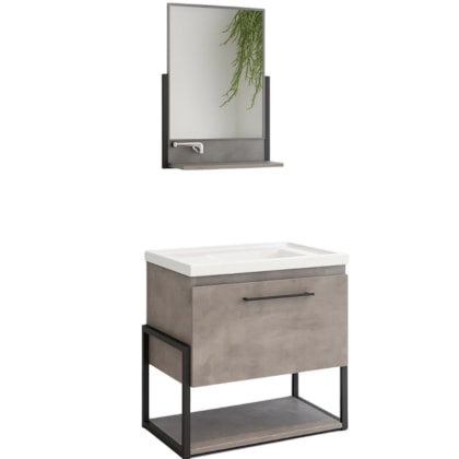 Kit Banheiro Metalo 60cm com Lavatório e Espelho MDF Metalon Cimento