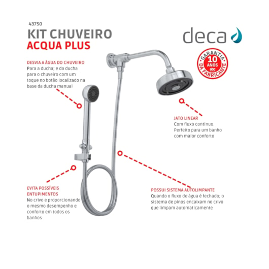 Kit Chuveiro Acqua Plus Com Desviador Universal E Ducha Max Cromado Deca - Imagem principal - b72a81e6-0434-42e8-9020-bb7c1a193731