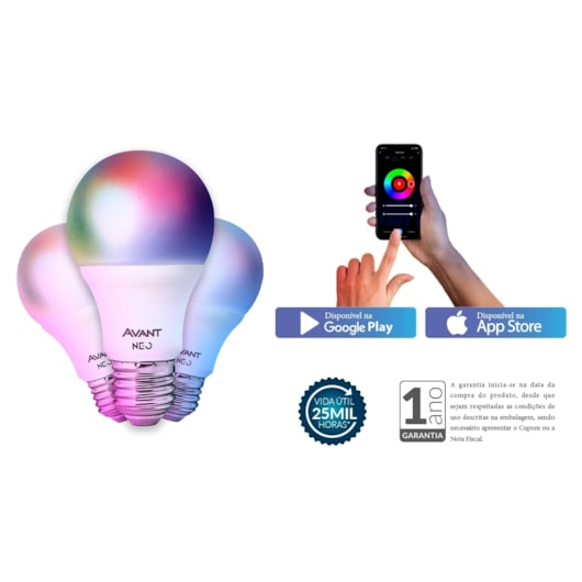 Kit Com 3 Lâmpadas Inteligente LED Smart Wi-Fi Bulbo Pera NEO 10W Luz Dimerizável Amarela-Branca-RGB Base E27 Bivolt Avant - Imagem principal - c0c258b9-2ce8-47e6-96ef-0d7ab97cc3f9