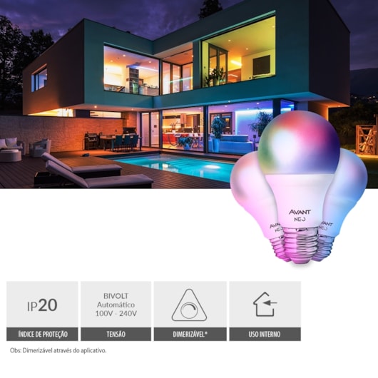 Kit Com 3 Lâmpadas Inteligente LED Smart Wi-Fi Bulbo Pera NEO 10W Luz Dimerizável Amarela-Branca-RGB Base E27 Bivolt Avant - Imagem principal - eca62234-5751-4048-8e75-91008769a90b