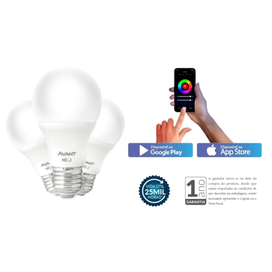 Kit Com 3 Lâmpadas Inteligentes LED Smart Wi-Fi Bulbo Pera NEO 10W Luz Dimerizável Amarela-Branca Base E27 Bivolt Avant - Imagem principal - 2a51cef0-7bcf-4f73-843c-ff0fb07ed24e