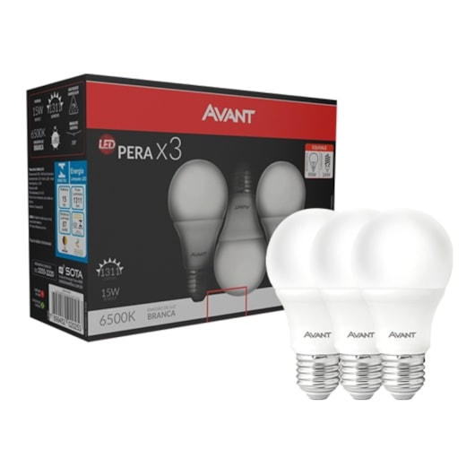 Kit Com 3 Lampadas LED Bulbo Pera 15W Luz Branca 6500K Base E27 Bivolt Avant - Imagem principal - 90e26147-5e4d-4d86-a779-61d7eb016458