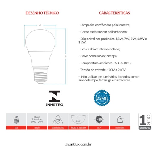 Kit Com 6 Lampadas LED Bulbo Pera 9W Luz Branca 6500K Base E27 Bivolt Avant - Imagem principal - 0273be6d-cdc2-4adc-adfb-2be0592f034b