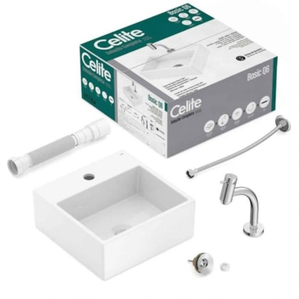 Kit Cuba de Apoio Quadrada Com Mesa Q6 35x35cm Branco Brilho com Torneira de Bica Baixa Cromada e Itens de Instalação Basic Celite