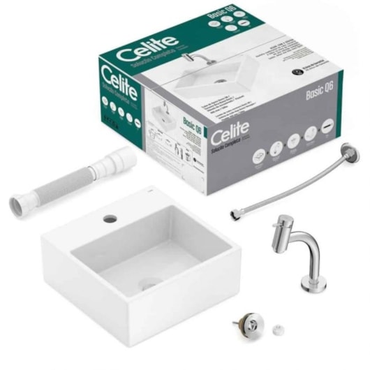 Kit Cuba de Apoio Quadrada Com Mesa Q6 35x35cm Branco Brilho com Torneira de Bica Baixa Cromada e Itens de Instalação Basic Celite - Imagem principal - df024b4d-6f37-4530-9b93-7201e28e0c77