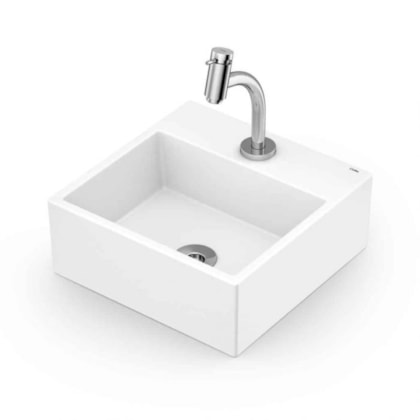 Kit Cuba de Apoio Quadrada Com Mesa Q6 35x35cm Branco Brilho com Torneira de Bica Baixa Cromada e Itens de Instalação Basic Celite