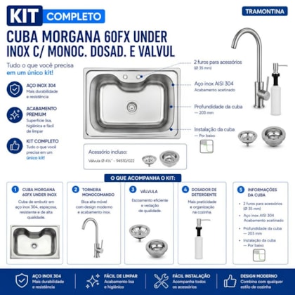 Kit Cuba Morgana 60Fx Undermount Em Aço Inox Com Monocomando, Dosador E Valvula Tramontina