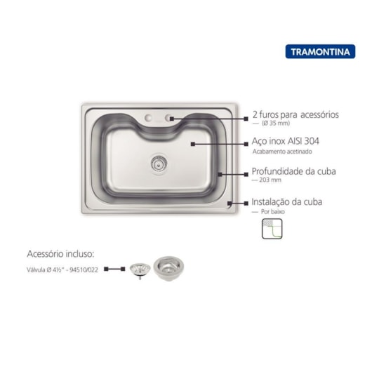 Kit Cuba Morgana 60Fx Undermount Em Aço Inox Com Monocomando, Dosador E Valvula Tramontina - Imagem principal - 99bb7282-afdc-4156-b276-be177be546de