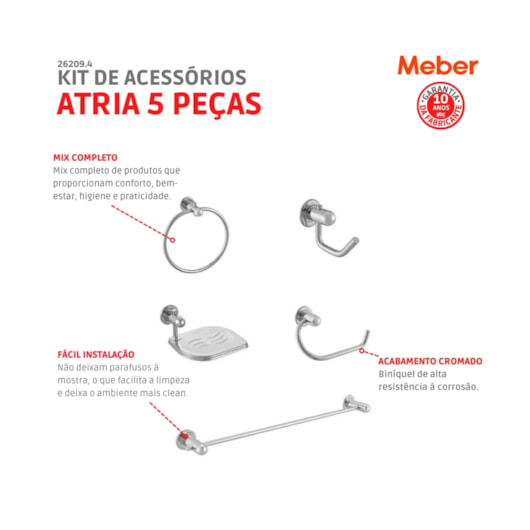 Kit De Acessórios Com 5 Peças Atria Cromada Meber - Imagem principal - a91afc5e-416b-40b1-ae66-5863a1e561fd
