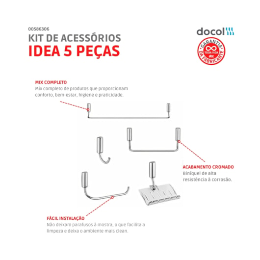 Kit De Acessórios Com 5 Peças Idea Cromado Docol - Imagem principal - 154586b8-ac21-478d-92a0-0c2076108277