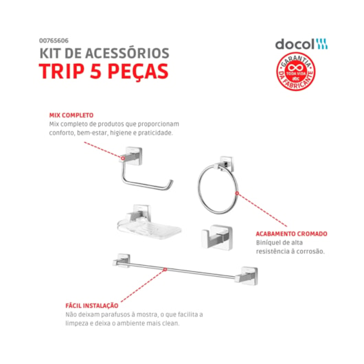 Kit De Acessórios Com 5 Peças Trip Cromado Docol - Imagem principal - ff4690fe-2b07-4822-ab82-27192ee6878d