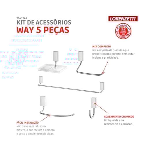 Kit De Acessórios Com 5 Peças Way C30 Cromada Lorenzetti - Imagem principal - ab80cde7-6c1d-4197-846c-63f2b7dfdfed