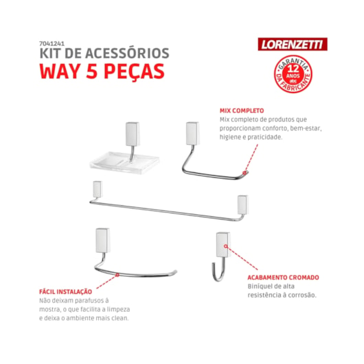 Kit De Acessórios Com 5 Peças Way C30 Cromada Lorenzetti - Imagem principal - f90ba3fd-31d9-4797-9ba0-d5089559652f