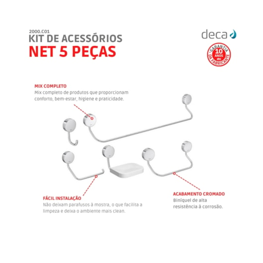 Kit De Acessórios Para Banheiro Com 5 Peças Net Cromado Deca - Imagem principal - a04d7269-51c0-4793-a3b2-391c97390dc2