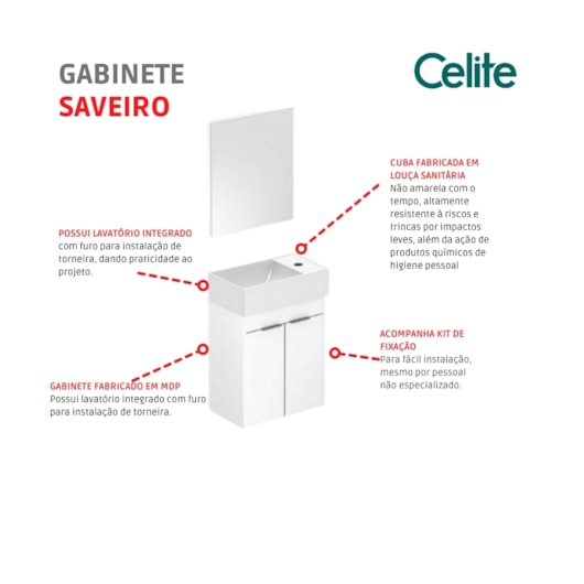 Kit Gabinete 2 Portas com Lavatório Integrado E Espelho Saveiro 40x22cm Branco Celite - Imagem principal - 92099549-ebed-4107-bdab-35590ee0346b