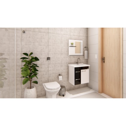 Kit Gabinete Suspenso Genova Com 2 Gavetas, Espelho e Pia Preto Rorato 55,4cm 