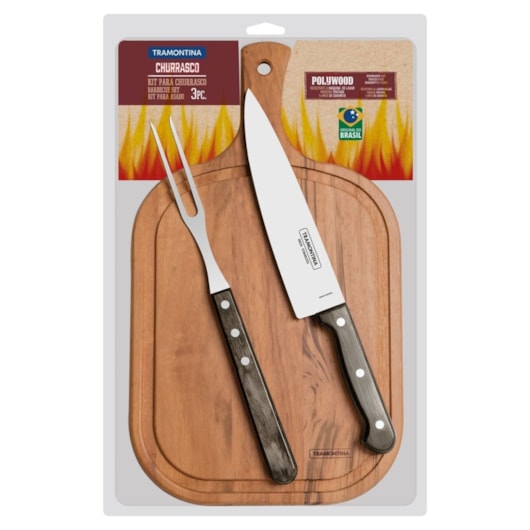 Kit Para Churrasco Em Inox Com 3 Peças E Tábua Polywood Castanho Tramontina - Imagem principal - 605d68f6-aaa8-4466-9a57-61b619ae7b54