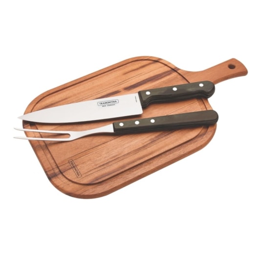 Kit Para Churrasco Em Inox Com 3 Peças E Tábua Polywood Castanho Tramontina - Imagem principal - 98213c4d-c60d-424f-a6c1-da104e9e72e9