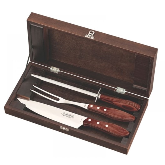 Kit Para Churrasco Em Inox Polywood Com 4 Peças E Estojo De Madeira 21198/764 Vermelho Tramontina - Imagem principal - c0b86d1d-ebe0-40fb-a576-7ad81f824f1f
