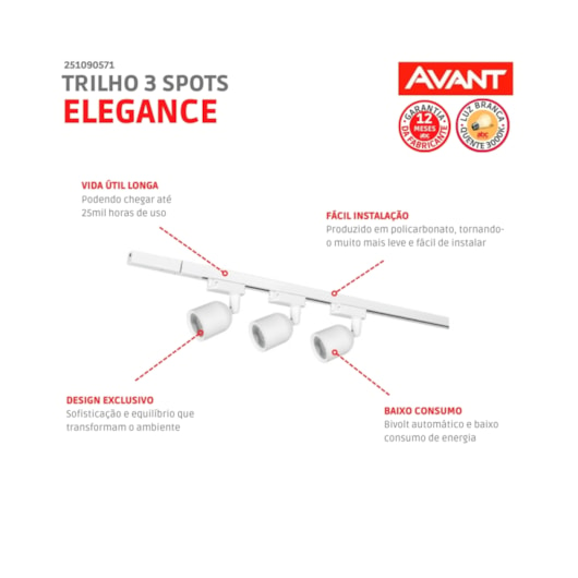 Kit Trilho Elegance Branco Fosco Para 3 Lâmpadas De 7w 3000k Emissão De Luz Amarela Avant - Imagem principal - 7887592c-159c-45ca-99e2-d641ab5c50d6