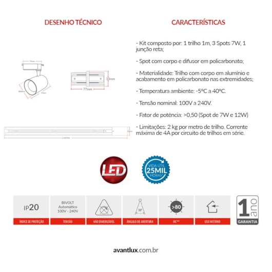 Kit Trilho Elegance Branco Fosco Para 3 Lâmpadas De 7w 3000k Emissão De Luz Amarela Avant - Imagem principal - 878ad4a2-4519-4f62-a4b2-a2aaa2e63918