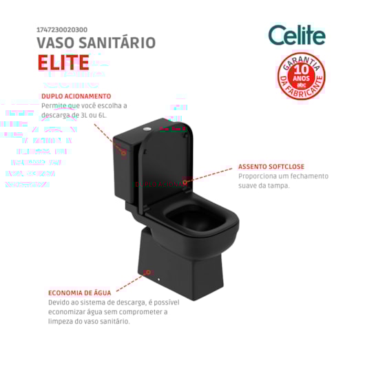 Kit Vaso Sanitário Caixa Acoplada Assento E Acessórios De Instalação Elite Matte Black Celite  - Imagem principal - 8479b57f-fc62-4b61-8915-9b640872a315