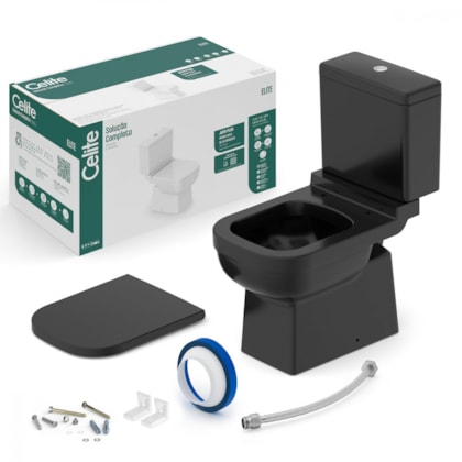 Kit Vaso Sanitário Caixa Acoplada Assento E Acessórios Elite Preto Brilho Celite