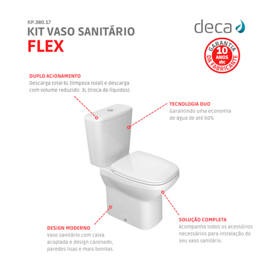 Kit Vaso Sanitário Com Caixa Acoplada Assento E Componentes Para Instalação Flex Branco Deca - Imagem principal - 073bcf79-33d9-4570-95cb-b129ec6c29ee