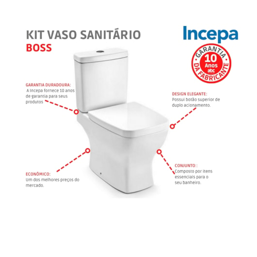 Kit Vaso Sanitário Com Caixa Acoplada E Acessórios Boss Branco Incepa - Imagem principal - 70f5a6ec-9733-4a48-adef-ef07260adbf0