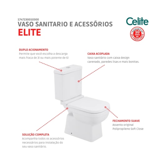 Kit Vaso Sanitário Com Caixa Acoplada E Acessórios Elite Branco Celite - Imagem principal - 88ca2c17-2410-44c9-8c6c-8b1598ee6c3c