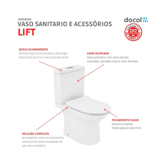 Kit Vaso Sanitário Com Caixa Acoplada E Acessórios Lift Branco Docol - Imagem principal - b3c9db8d-cb15-4ca7-98e7-4fcc0d10e06f