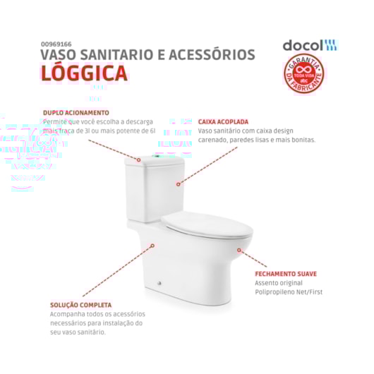Kit Vaso Sanitário Com Caixa Acoplada E Acessórios Lóggica Branco Docol - Imagem principal - 0b90789c-e8f8-4f08-93b4-f232e5514c21