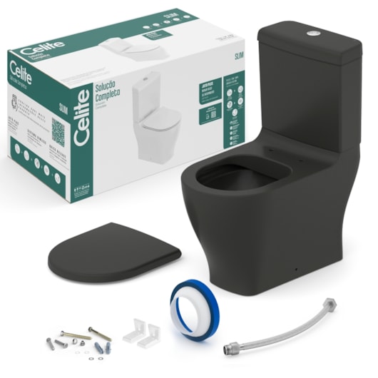 Kit Vaso Sanitário Com Caixa Acoplada E Itens De Instalação Assento Termofixo Slim Matte Black Celite - Imagem principal - 4073193f-2736-4cd5-9b43-6a196e3ebb00