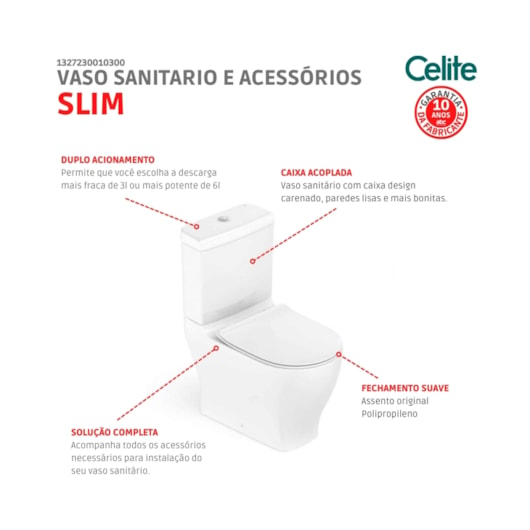 Kit Vaso Sanitário Com Caixa Acoplada Itens de Instalação E Assento Termofixo Slim Branco Celite - Imagem principal - fa9b9116-0c60-4a15-9619-ae1fac02eb51