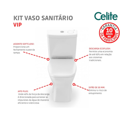 Kit Vaso Sanitário Com Caixa Acoplada VIP Branco Brilhante Celite  - Imagem principal - f4b017c5-b30f-487c-bdec-6bdc18dc150c