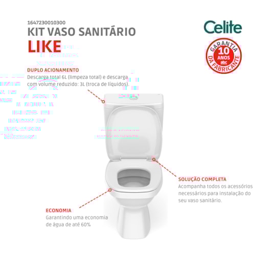 Kit Vaso Sanitário Completo Com Caixa Acoplada Assento Polipropileno Componentes De Instalação Like Branco Celite - Imagem principal - eaf8b250-730c-457a-bb4f-7565d0b383c8