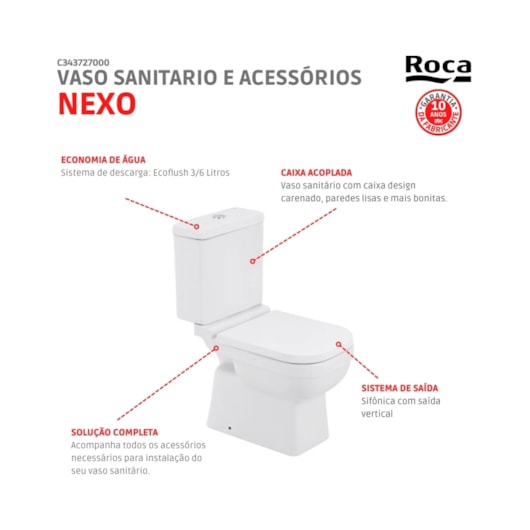 Kit Vaso Sanitário Convencional Assento Polipropileno Queda Amortecida E Acessórios Nexo Branco Roca  - Imagem principal - cd2b8fb1-0400-4da0-adc9-5e22abe3deba