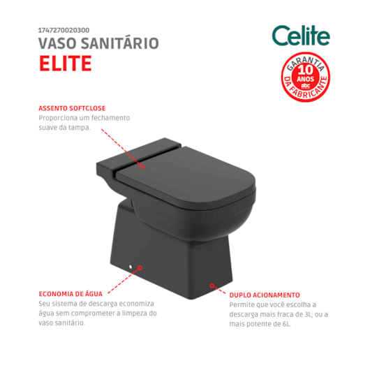 Kit Vaso Sanitário Convencional Com Acessórios De Instalaçao E Assento Sanitário Pp Sc Elite Preto Brilho Celite - Imagem principal - 07851268-2a88-4c91-bcfc-bd189e489f5a