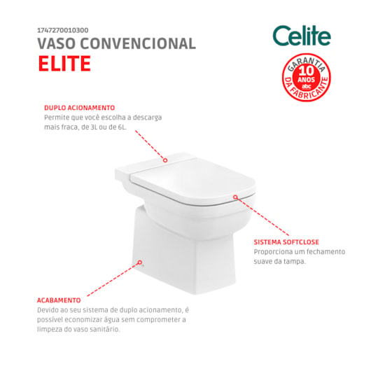 Kit Vaso Sanitário Convencional com Acessórios De Instalação E Assento SoftClose Pp Elite Branco Celite - Imagem principal - 4d7111a8-5ef7-4d64-9b4d-085b37f1b147