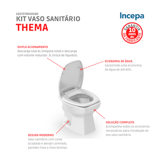 Kit vaso sanitário convencional Com Assento Termofixo E Itens De Instalação thema branco Incepa - Imagem principal - 93273625-4007-4135-bbe0-5c1ec02ee9f8