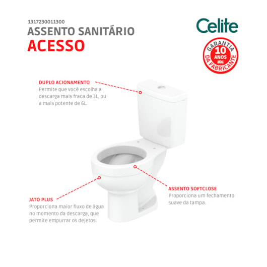 Kit Vaso Sanitário De Acessibilidade Com Caixa Acoplada Assento E Acessórios Acesso Confort Branco Celite  - Imagem principal - ab05b491-0a02-4038-9598-ca6bc90e8516