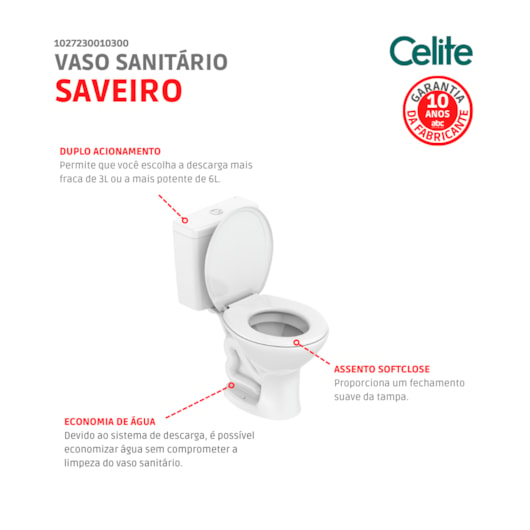 KIT VASO SANITÁRIO E CAIXA ACOPLADA 3/6 LITROS SAVEIRO BRANCO CELITE - Imagem principal - 8947e1b2-16bd-443d-a273-e2785ab49848