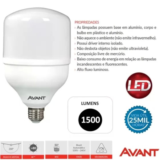 Lâmpada De Led Bulbo HP E27 3000K Bivolt 20W Avant - Imagem principal - 897c4923-c646-4e7b-8126-a442098252f3