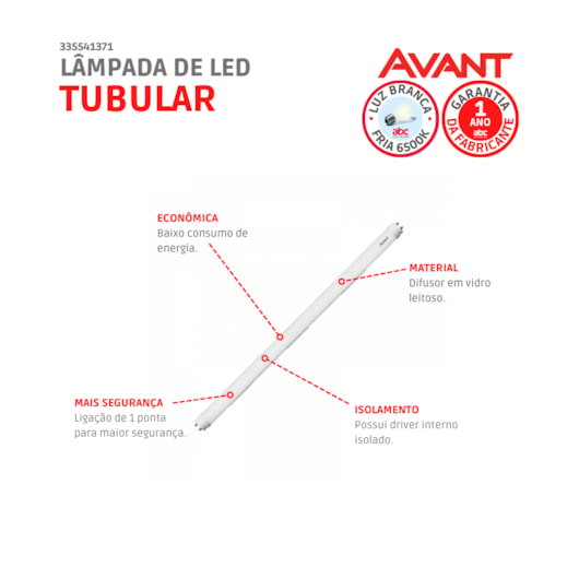 Lâmpada De Led Tubular T8 6500K 18W Bivolt Br1850 Avant - Imagem principal - b30b865d-c15e-44fb-84a7-06e23f6840fd