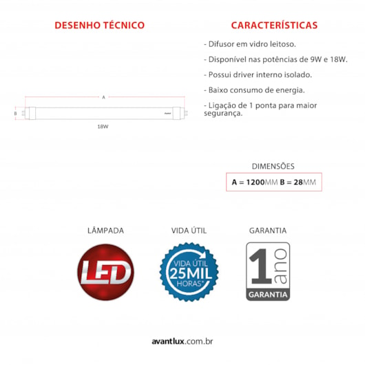 Lâmpada De Led Tubular T8 6500K 18W Bivolt Br1850 Avant - Imagem principal - aebaa0d6-e159-4913-a1f2-b54860cc000e