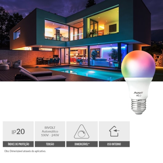 Lâmpada Inteligente LED Smart Wi-Fi Bulbo Pera NEO 10W Luz Dimerizável Amarela-Branca-RGB Base E27 Bivolt Avant - Imagem principal - 99f8a51a-bc86-4dd4-911e-0445156a0d85